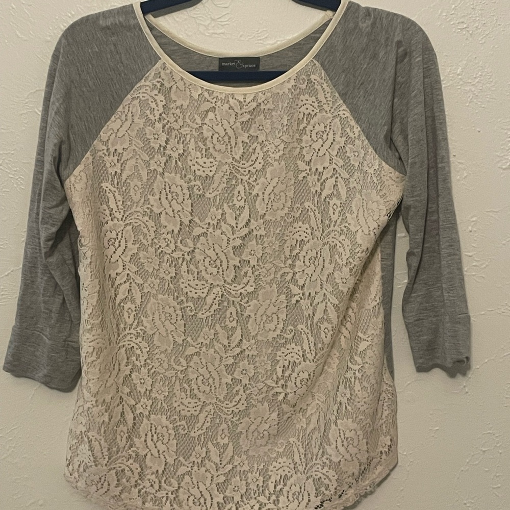 Market & Spruce Gray Lace Front 3/4 Sleeve Top